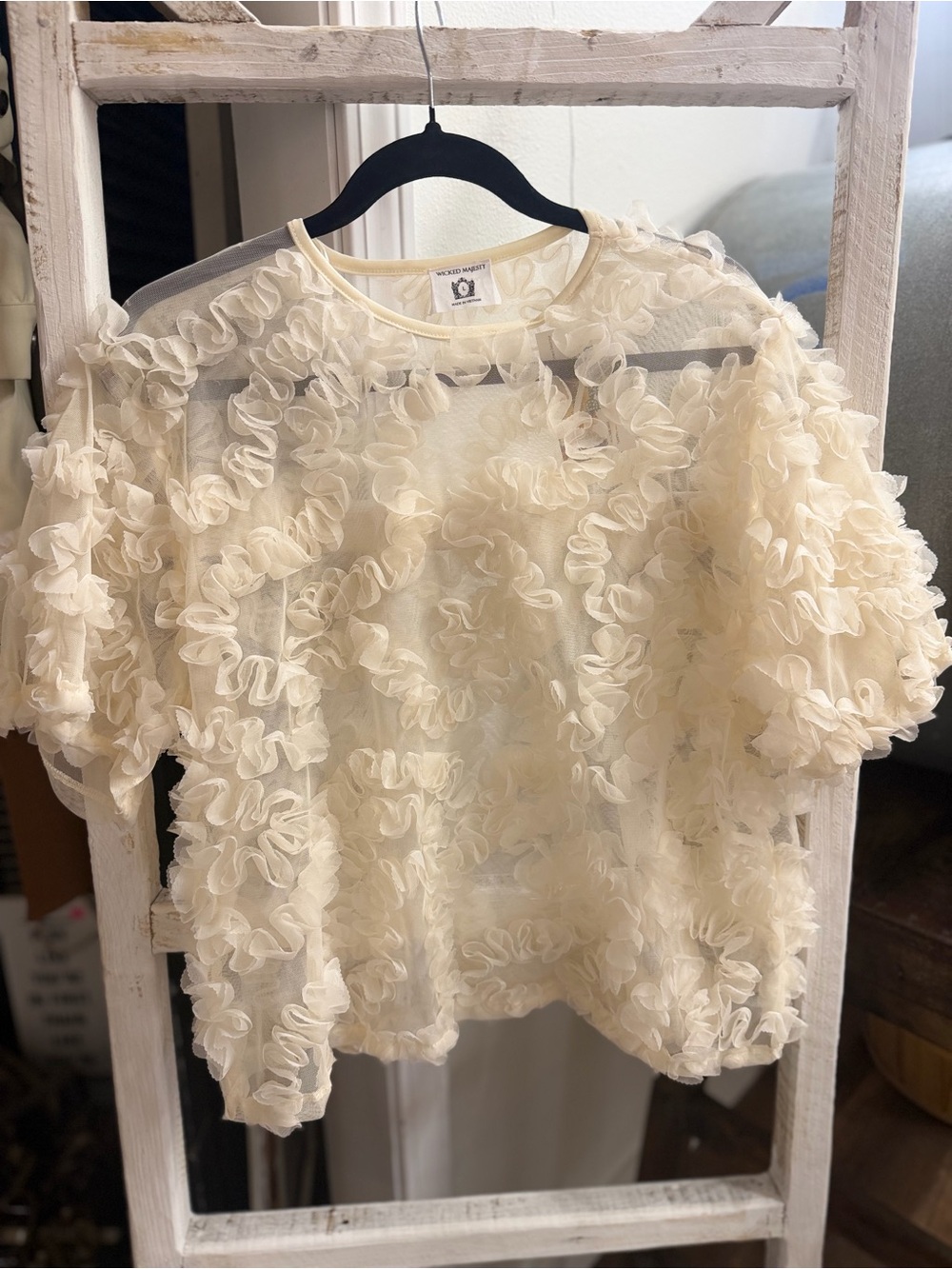 Sheer Cream Ruffle Blouse by
